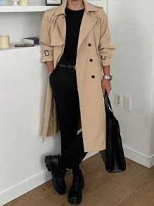 DAZY Men Solid Color Button-Front Long Sleeve Casual Trench Coat,Fall Clothes - Khaki - View 2