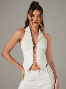 Denimoi Asymmetrical Hem O Ring Collar Denim Top - White - View 5