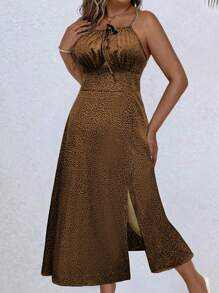 SHEIN LUNE Váy thường ngày dây mảnh buộc dây phía trước họa tiết da báo cỡ lớn - Cà phê nâu - Xem 4