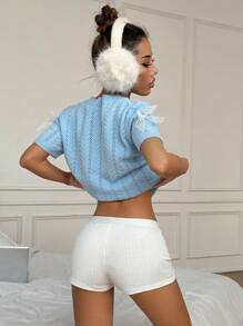 SHEIN Unity Women's Crew Neck Bowknot Decoration Solid Color Short Sleeve Knit Top - Blue - View 2