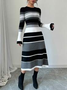 Selianne Women Crew Neck Striped Contrast Color Flared Sleeve Midi Dress Fall Winter Cloth For Women - Multicolor - View 4