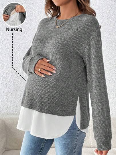 SHEIN 纯色圆领长袖简约哺乳上衣，日常休闲，孕妇装