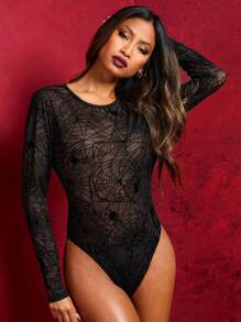 SHEIN SXY Holiday Party Banquet 1pc Women's See-Through Spiderweb Print Long Sleeve Bodysuit