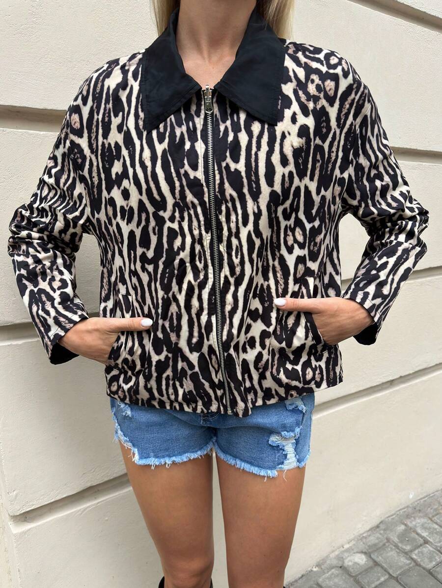 SHEIN Essnce Veste longue à manches longues avec imprimé léopard pour femmes, veste vintage américaine d'hiver, pour rendez-vous, mode - Multicolore - Voir 1