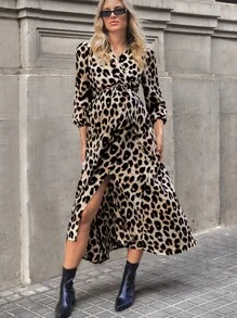 SHEIN Vestido de maternidad elegante de cuello en V, manga farol, estampado de leopardo para primavera y otoño