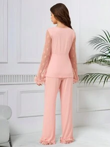 青少年女孩两件套睡衣套装，粉色简约时尚长袖上衣和裤子家居服 - 粉色 - 查看 2