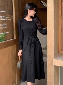DAZY Women's Solid Color Crew Neck Long Sleeve Drawstring Dress, Spring And Autumn,Fall Women Clothes Maxi Dress - Black - View 8