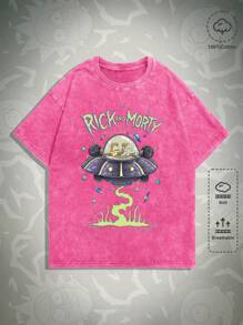 ROMWE MEN Rick and Morty | ROMWE 男士卡通人物和字母图案 T 恤，学校 - 玫紅色 - 查看 1