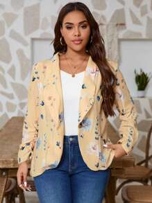 SHEIN LUNE Plus Size Women Floral Print Chiffon Casual Blazer Jacket With Shawl Collar