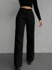 EURMUSE 100% 纯棉休闲纯色高腰直筒牛仔裤