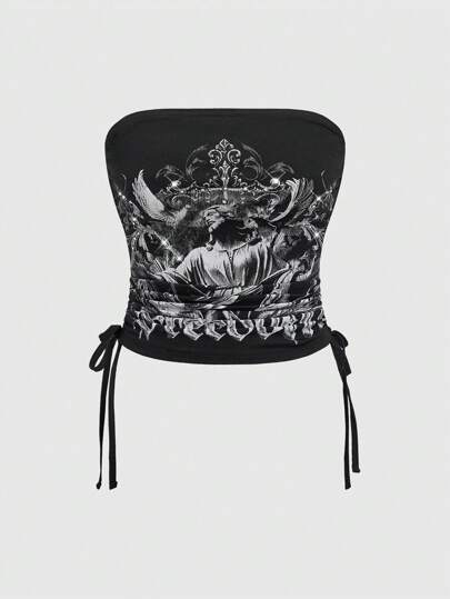Retro Gothic Jesus Cross Vine Pattern Women Drawstring Tube Top, Under Layer