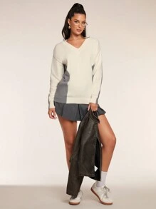 Allurite Women's Casual V-Neck Drop Shoulder Long Sleeve Contrast Color Loose Sweater, Autumn Winter Knit Pullover Fall Outfit