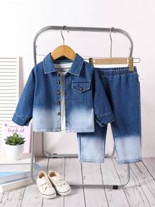 Bộ áo sơ mi denim ombre cho bé trai - Bao gồm 1 áo sơ mi denim ombre và quần denim phù hợp, mang đến một bộ trang phục thoải mái và thời trang - Nhiều màu - Xem 5