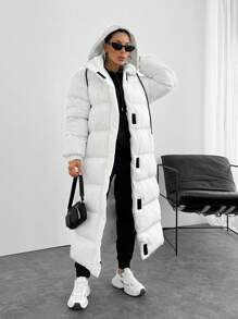 EURMUSE Contrast Hook And Loop Detailed Premium Quality Maxi Lenght Puffer Wintercoat - White - View 1