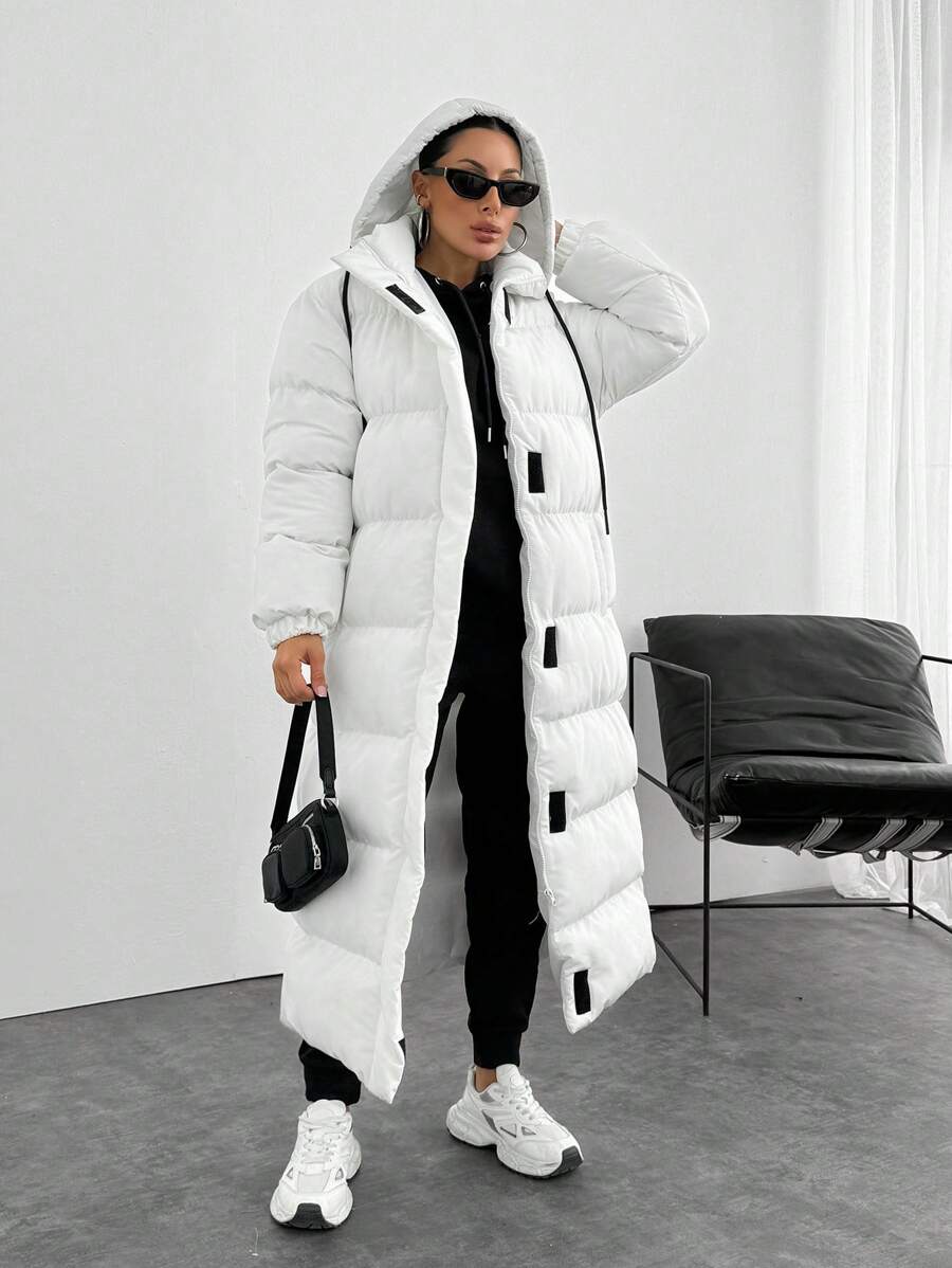EURMUSE Contrast Hook And Loop Detailed Premium Quality Maxi Lenght Puffer Wintercoat - White - View 1