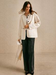 Poéselle Women's Solid Color Front Button Long Sleeve Basic Overcoat, Casual Daily Wear