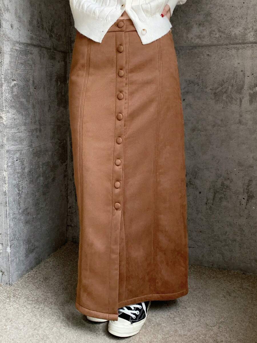 DAZY Women's Solid Color Single-Breasted Casual Thickened Straight Skirt Fall,Winter