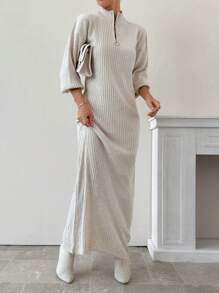 EURMUSE 1pc Solid Color Zip-Front Long Sleeve Casual Long Dress - Apricot - View 4