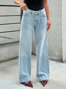 EURMUSE 100% Cotton Low Waist Wash Detailed Straight Cut Jean - Light Wash - View 1