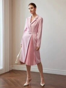 MOTF PREMIUM MIDIKLEID MIT REVERSKRAGEN, PLISSIERTEM EINSATZ, SCHNALLE UND GÜRTEL