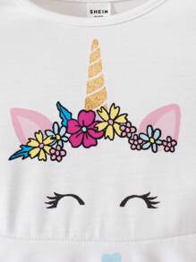 Vestido Branco de Menina Jovem com Padrão de Coração Colorido de Unicórnio Tricotado, Outono(9), Inverno(2) Vestido de Unicórnio para Meninas, Vestido de Unicórnio para Crianças