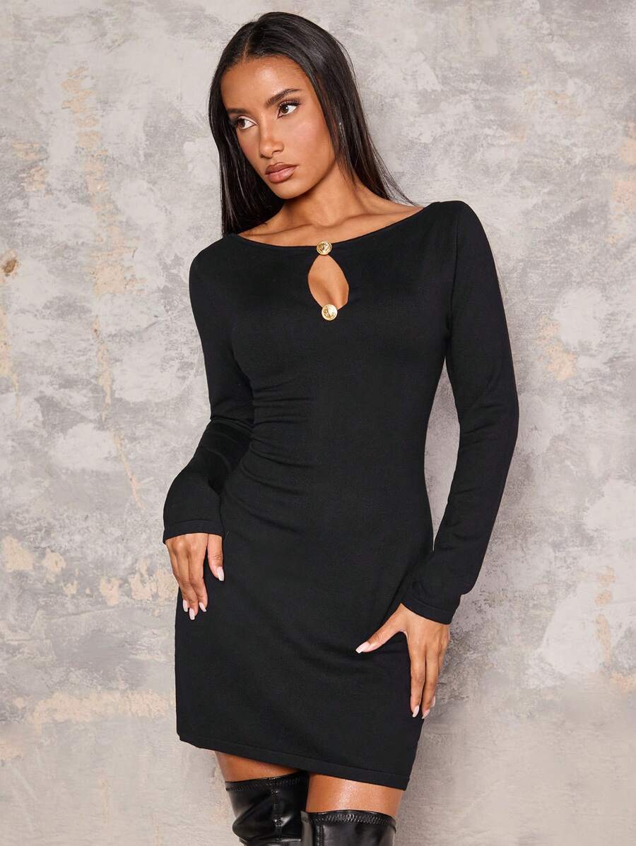 Glamine 女式纯色锁眼领长袖修身迷你毛衣连衣裙，秋冬 - 黑色 - 查看 1