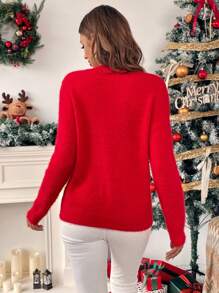 Chiquease Damski luźny sweter z okrągłym dekoltem i wzorem choinki, z długim rękawem i okrągłym dekoltem, idealny na jesień i zimę. Sweter na jesień. - Czerwony - Zobacz 2
