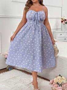 Franclia 大码细肩带蝴蝶结雏菊花卉连衣裙，甜美度假风格