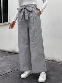SHEIN LUNE Women's Casual High Waist Black & White Striped Pocket Wide Leg Pants