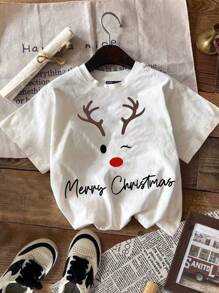 SHEIN Essnce 大码圣诞驯鹿印花圆领短袖 T 恤，休闲宽松适合夏季