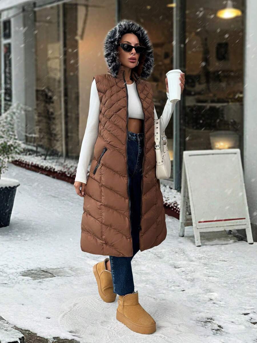 EURMUSE Fur And Zipper Added Padded Long Brown Vest - Brown - View 1