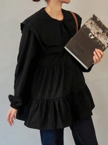 FRIFUL Women's Solid Color Large Lapel Casual Blouse, Spring & Autumn,Ruffle,Fall Women Clothes Long Sleeve Top