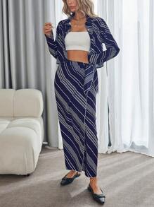 GENKIRA 2 件套职业通勤时尚经典拼色条纹裹腰商务套装，女士秋季教师装 - 彩色 - 查看 1