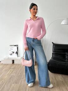 RueChic Kvinna Shabby Garn Polo Neck Normal Fit Söt stil tröja - Dammrosa - Visa 3