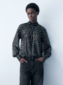 Maija 女式派对金属亮片立领褶饰长袖箔印花衬衫，秋冬 - 黑色 - 查看 3