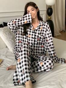 DAZY Cute Plaid Cartoon Pattern Loose Pajama Set - Black and White - View 8