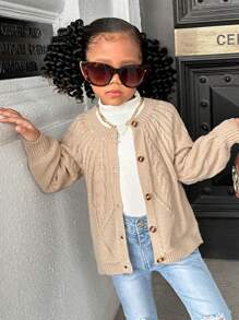 SHEIN 少女圆领泡泡袖修身休闲开衫秋冬 - 杏色 - 查看 5