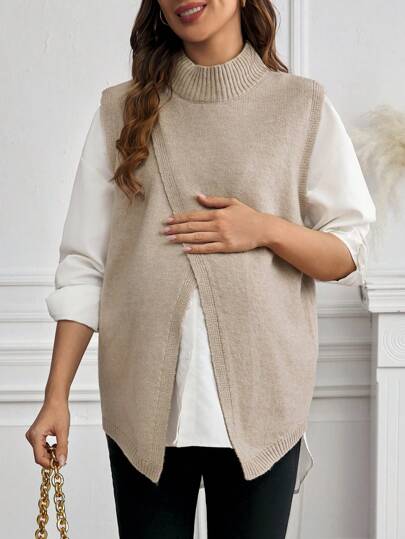 SHEIN 孕妇立领开衩下摆毛衣，秋季