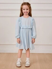 Cozy Pixies Young Girl Solid Color Round Neck Ruffled Lantern Sleeve Waist Cinched Dress - Blue - View 3