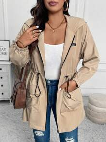SHEIN LUNE Plus Size Women's Solid Color Drop Shoulder Long Sleeve Drawstring Waist Hooded Casual Jacket, Spring Autumn Winter Fall - Khaki - View 7