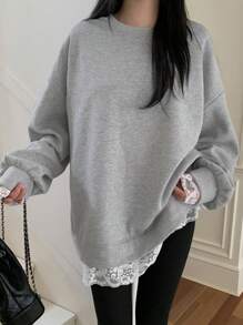DAZY Women Casual Lace Patchwork Crew Neck Long Sleeve Sweatshirt,Fall Women Clothes
