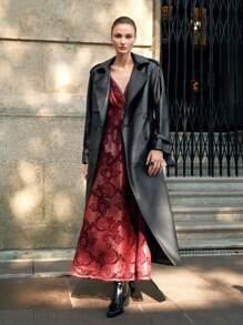SHEIN X Lucía Bellido Anewsta Women Black Epaulet Design Loose Fit Long Over-The-Knee Faux Leather Coat
