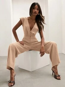 COSMINA Bộ đồ liền thân tối giản cổ chữ V màu trơn dành cho nữ, mặc thường ngày - Màu Khaki - Xem 1