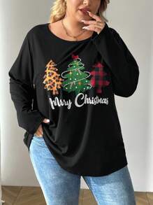 SHEIN CURVE+ Plus Size Christmas Tree Print Round Neck Long Sleeve T-Shirt, Casual Daily Wear - Black - View 6