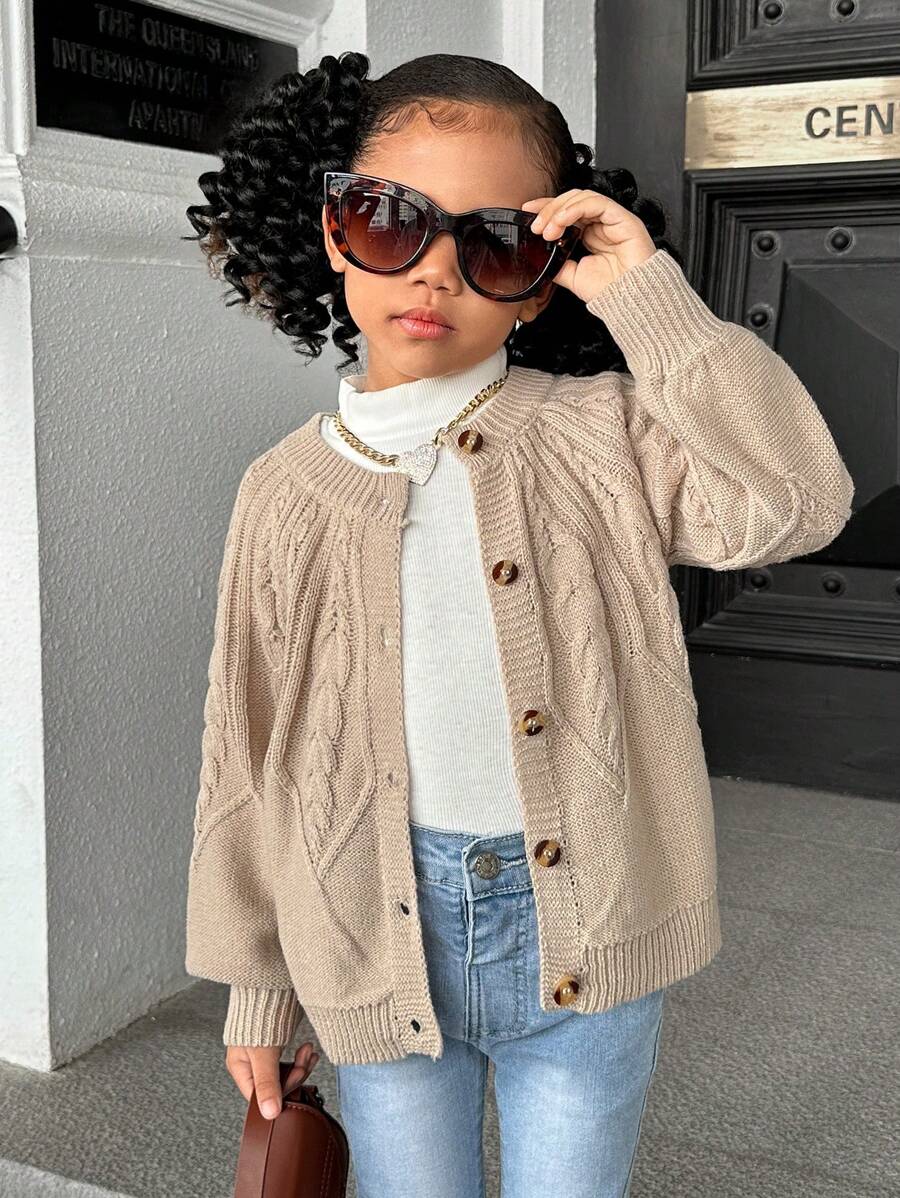 SHEIN 少女圆领泡泡袖修身休闲开衫秋冬 - 杏色 - 查看 1