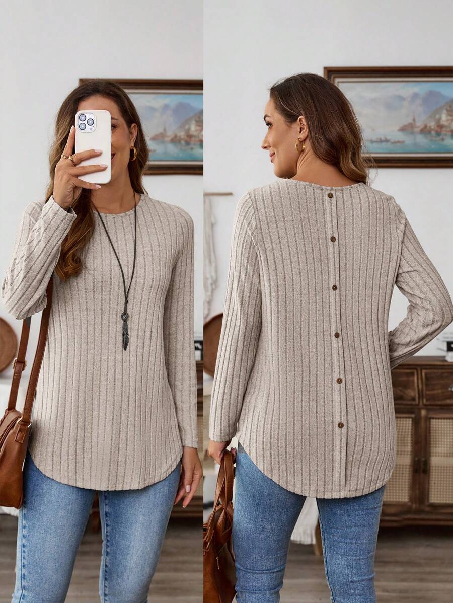 EMERY ROSE 女式纯色圆领长袖休闲 T 恤，后背纽扣设计，春/秋 - 杏色 - 查看 1