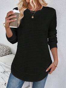 SHEIN LUNE Sudadera informal cómoda y blanca con cuello redondo a cuadros, bajo curvo y aberturas laterales, manga larga, para otoño/invierno - Negro - Ver 6