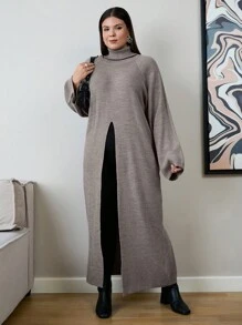 EURMUSE 大码女式纯色高领插肩袖长袖开衩下摆毛衣，秋冬季 - 棕色 - 查看 5