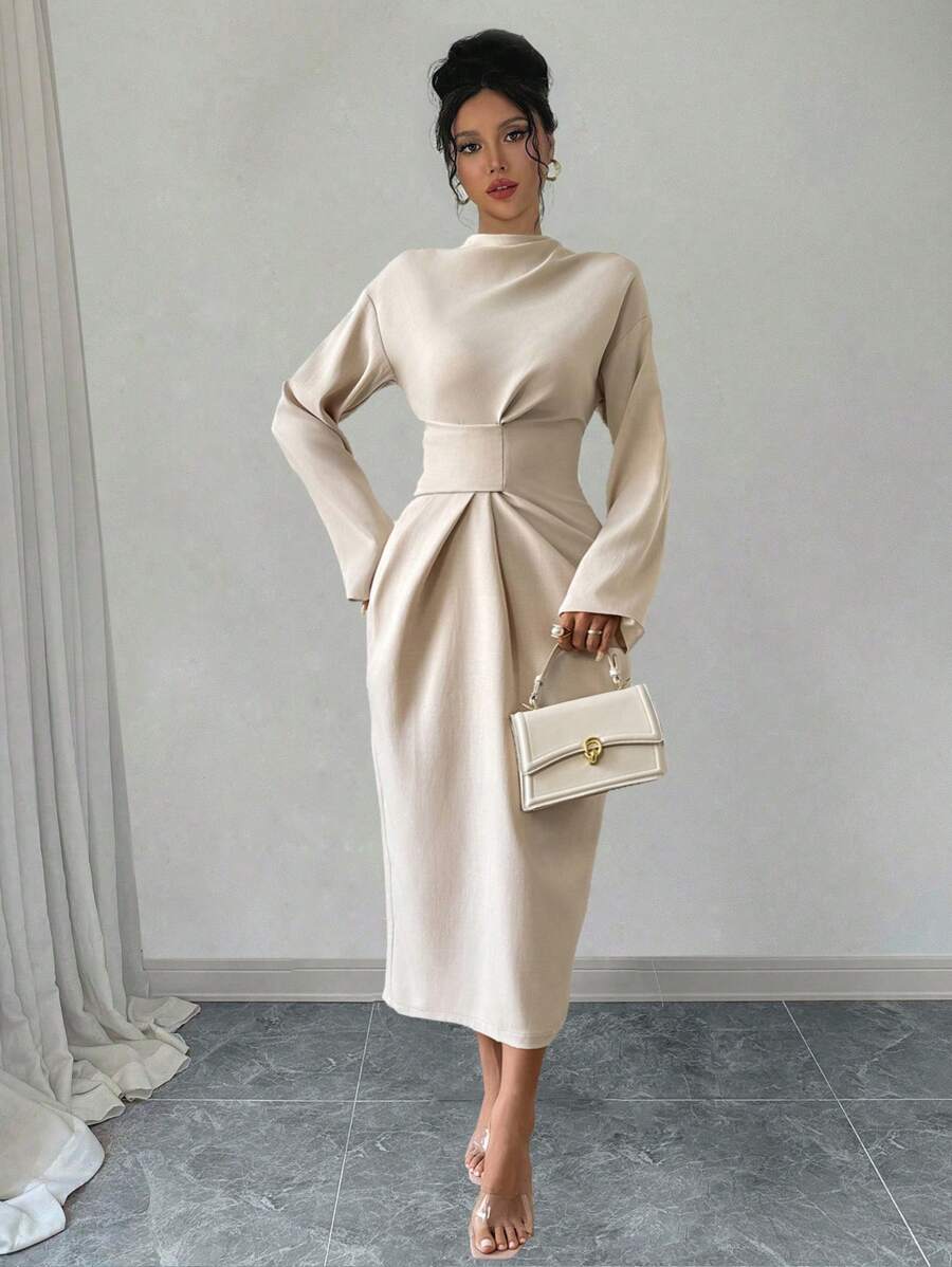 Chiquease 女士优雅纯色褶皱连衣裙 - 杏色 - 查看 1