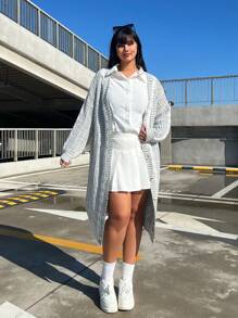 Flirla Plus Size Fashionable Loose-Fit Mixed-Color Cable Knit Long Cardigan Sweater - Black and White - View 7